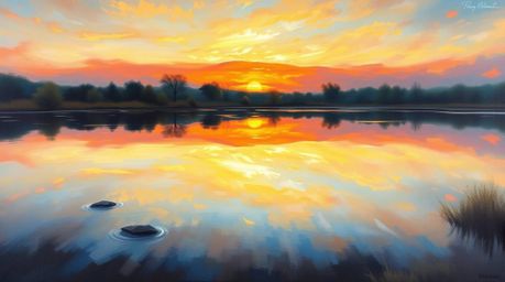 A captivating oil painting depicting the serene reflection of a vibrant sunset in a calm pond.  The artwork showcases soft pa