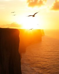 This is a dramatic cinematic photograph of a coastal cliff sunset, featuring the elegant sight of soaring birds. The scene is