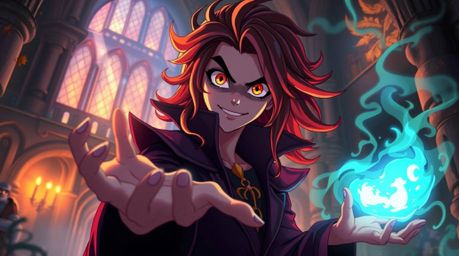 An Isekai anime-style reimagining of a classic Disney villain, featuring expressive eyes and vibrant hair.  The villain casts