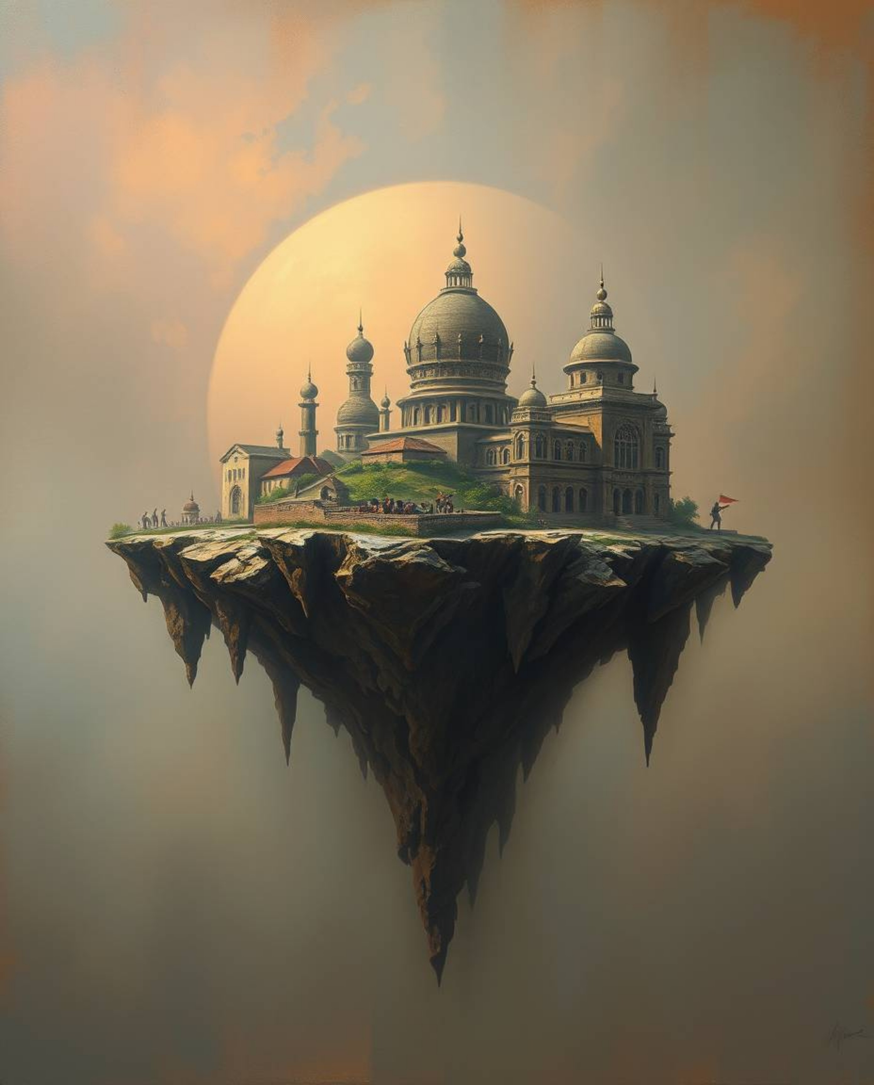 This classic oil painting depicts a surreal floating island adorned with strange and captivating architecture. The artwork fe