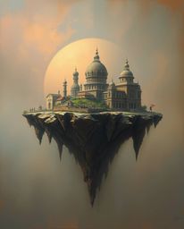 This classic oil painting depicts a surreal floating island adorned with strange and captivating architecture. The artwork fe