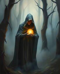 Immerse yourself in a dreamlike atmosphere with a cloaked figure holding a glowing orb in a misty forest. This captivating ar