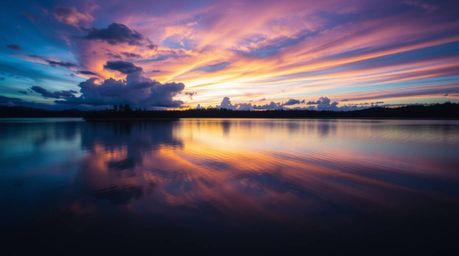 A serene lake reflecting a vivid sunset sky, rendered in cool colors, high contrast, and low-key lighting with deep shadows o