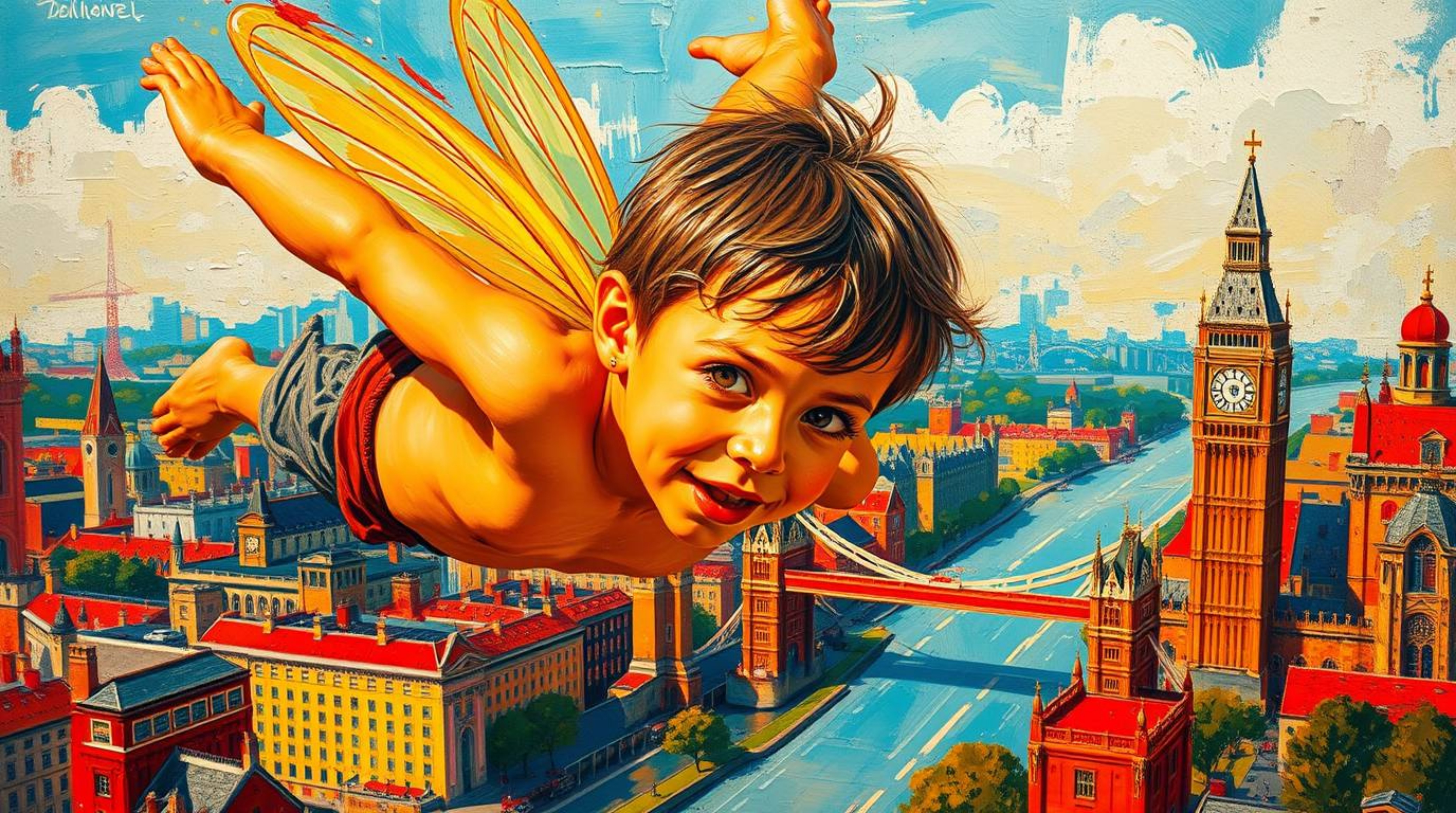 A captivating acrylic painting depicts a young boy with sun-kissed skin soaring above a stylized London cityscape with the ai
