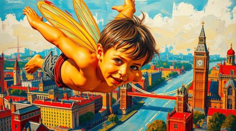 A captivating acrylic painting depicts a young boy with sun-kissed skin soaring above a stylized London cityscape with the ai
