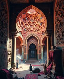 Explore dreamlike surreal imagery showcasing vibrant complementary colors and intricate Islamic geometric patterns carved in 