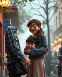 Capture the magic of a candid street photography scene, where a heartfelt family reunion unfolds in a captivating Pixar style