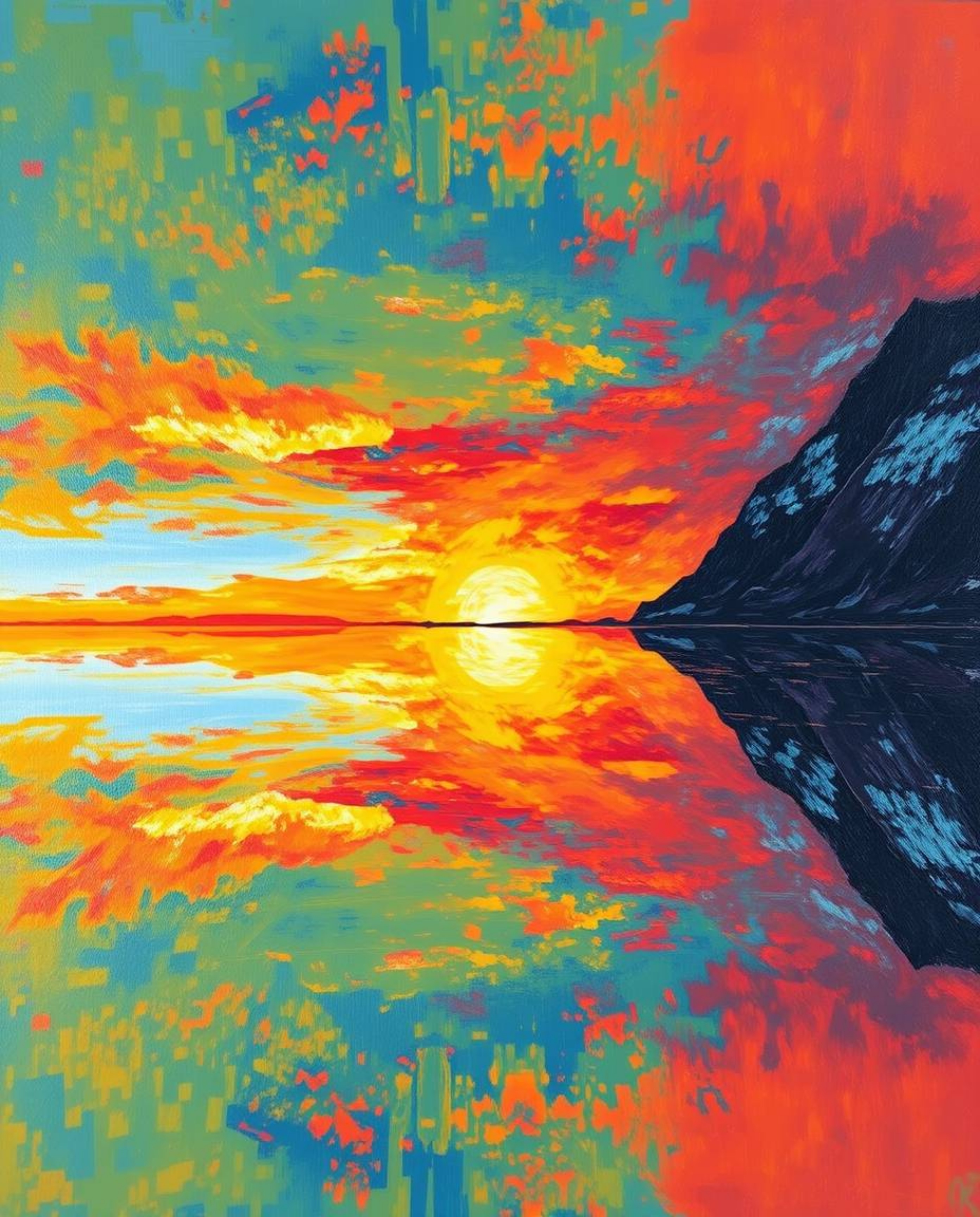 A bold acrylic painting captures the reflection of a sunset in a glassy fjord. This artwork is defined by its vibrant colors 