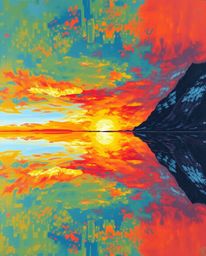 A bold acrylic painting captures the reflection of a sunset in a glassy fjord. This artwork is defined by its vibrant colors 