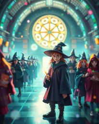 Explore a vibrant digital painting of a magical school bustling with young wizards. The scene blends futuristic sci-fi elemen