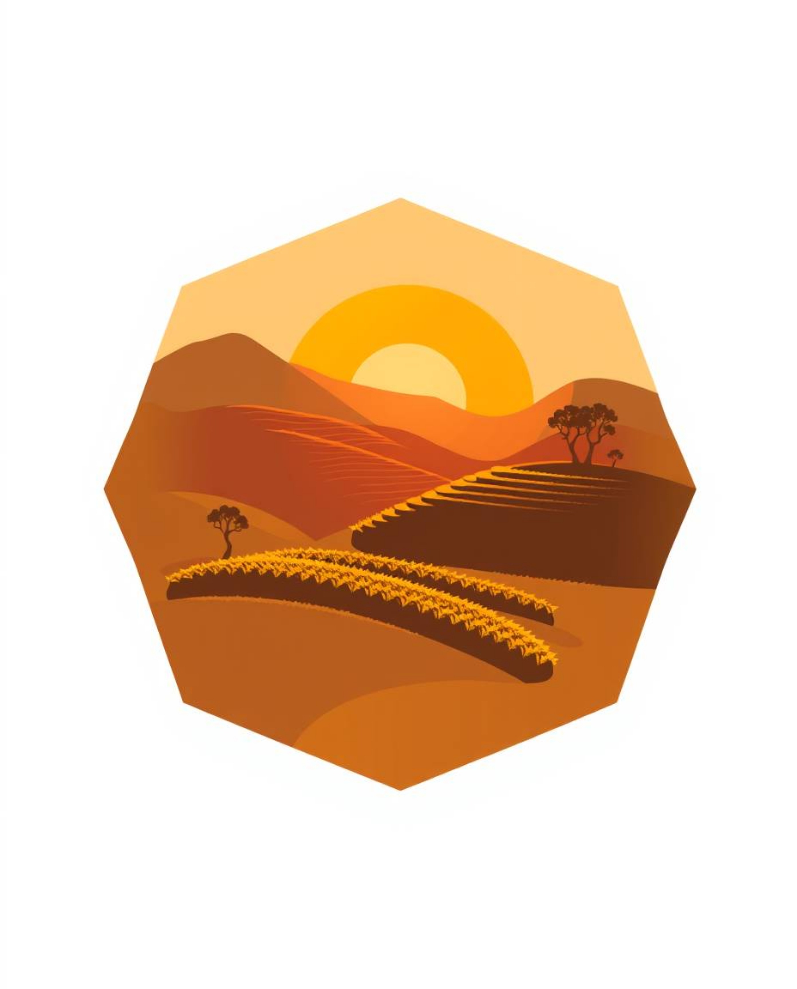 A geometric logo inspired by a warm autumn sunset over terraced tea plantations. This design utilizes earthy colors, clean li