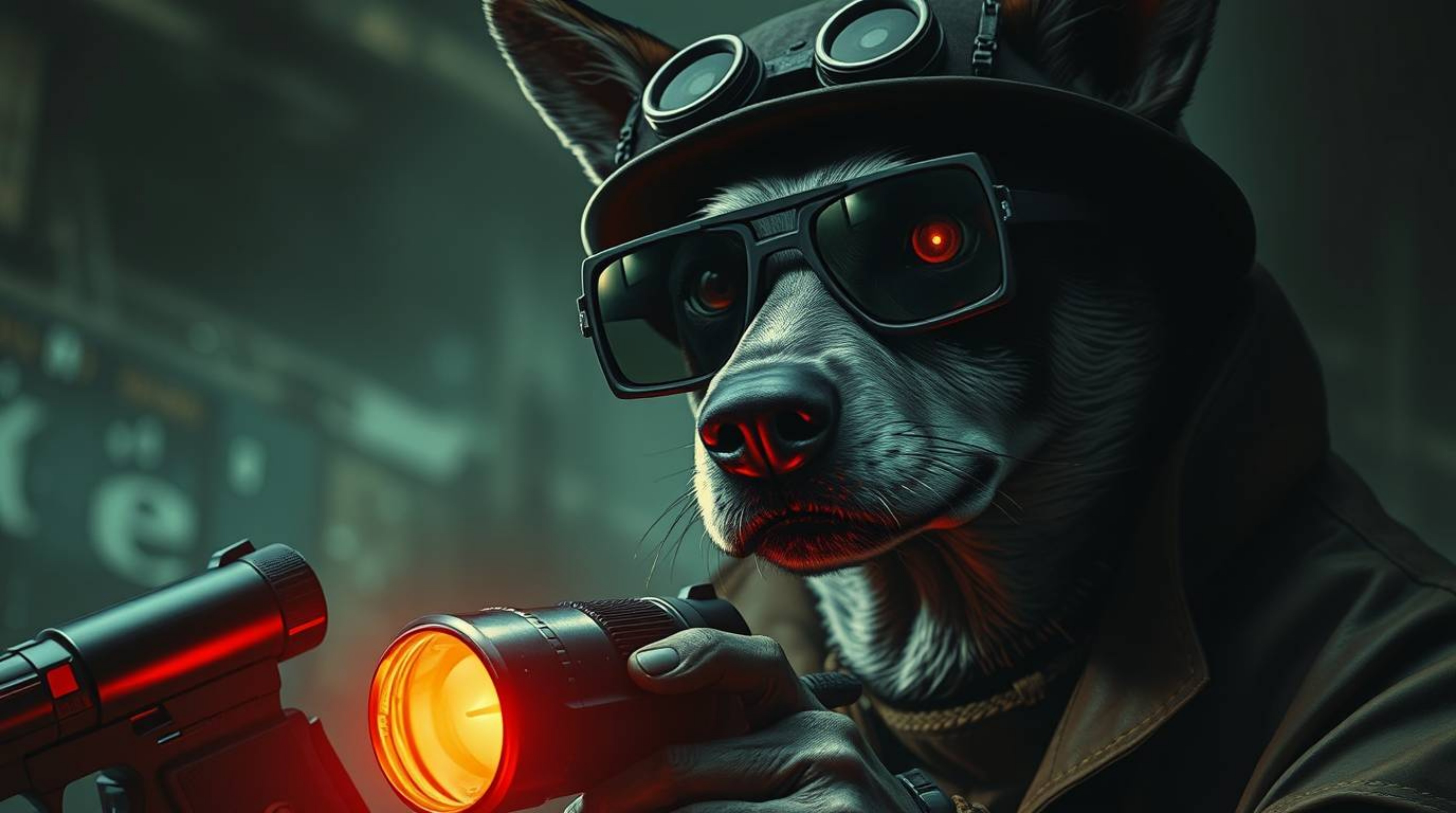 Dive into a suspenseful world of a high-tech dog detective. This eerie artwork depicts a canine investigator equipped with ad
