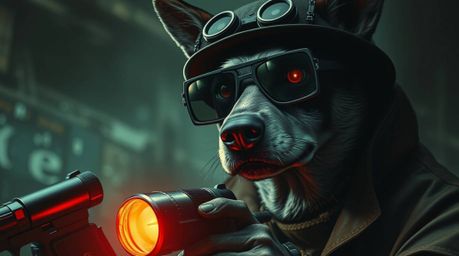 Dive into a suspenseful world of a high-tech dog detective. This eerie artwork depicts a canine investigator equipped with ad