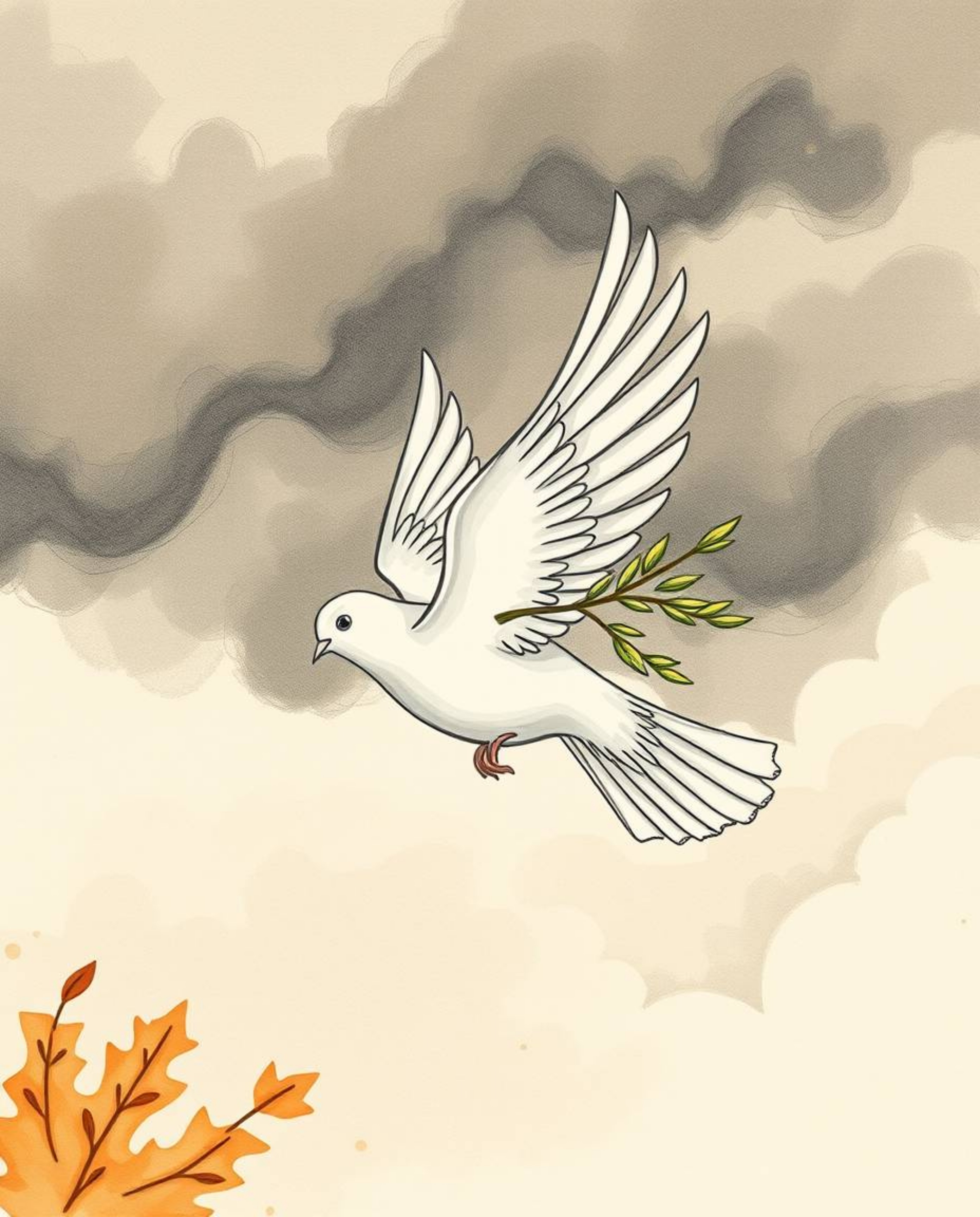 A hand-drawn sketch depicts a dove carrying an olive branch navigating stormy skies, bathed in the warm, vibrant hues of autu