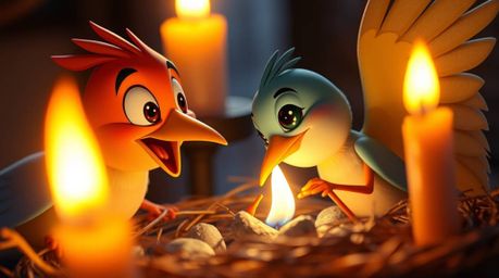 An extreme macro close-up captures the enchanting scene of two cartoon birds diligently building a nest in a classic animatio