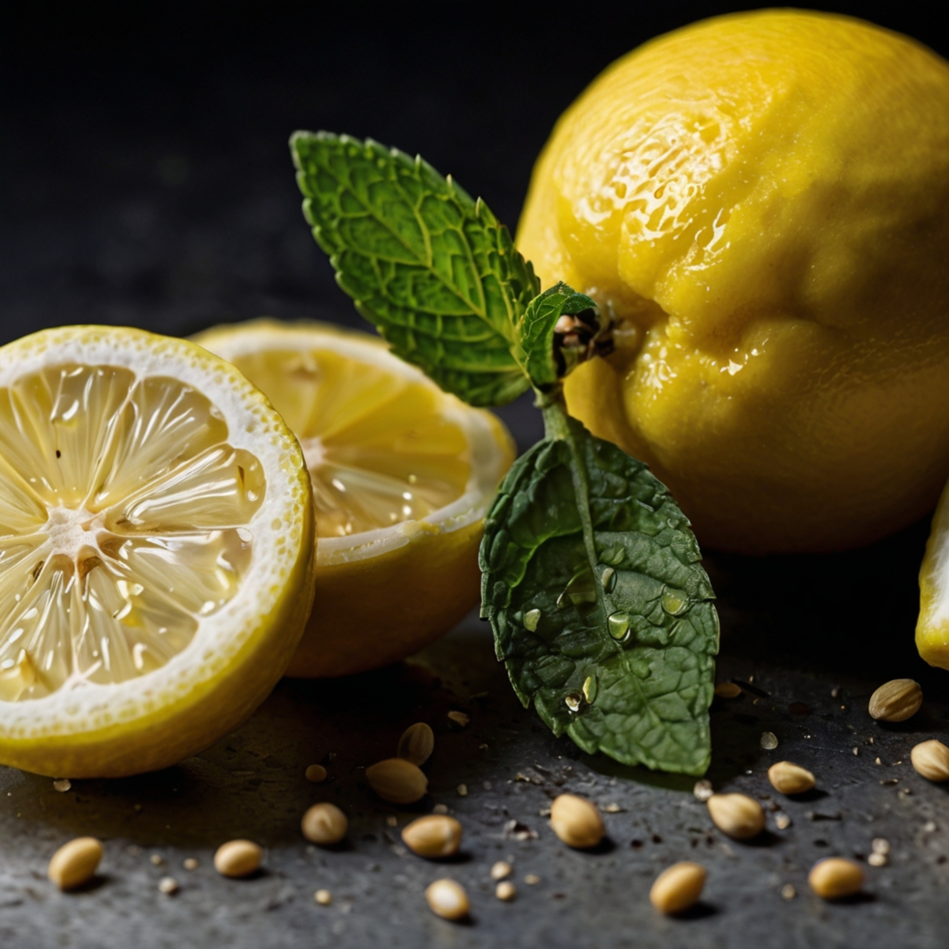 A vibrant close-up showcases a freshly sliced lemon, its juicy segments and visible seeds offering a burst of citrus flavor.