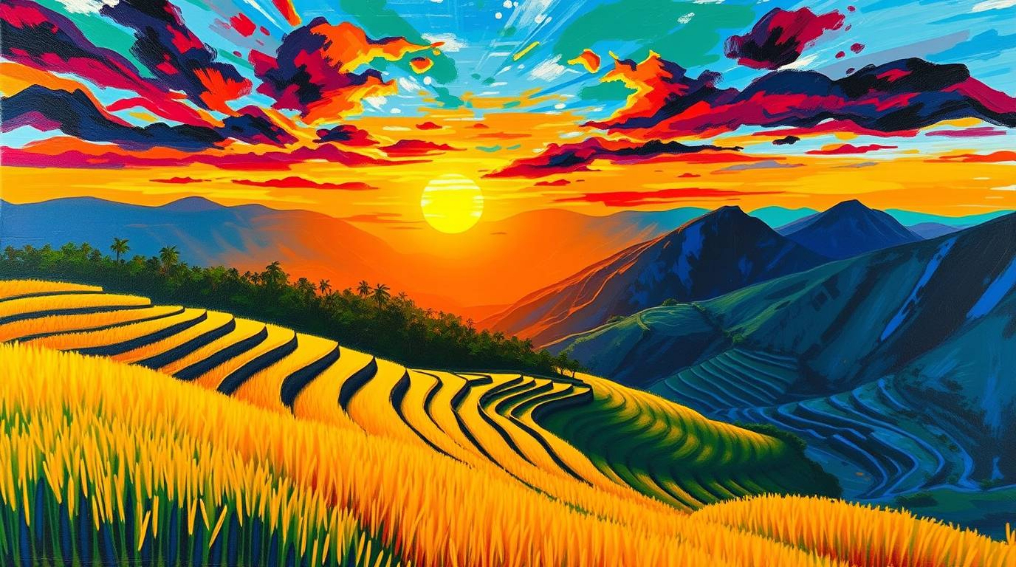 Experience the energy of a vibrant sunset over rice terraces in the mountains, captured in a bold acrylic painting. This live