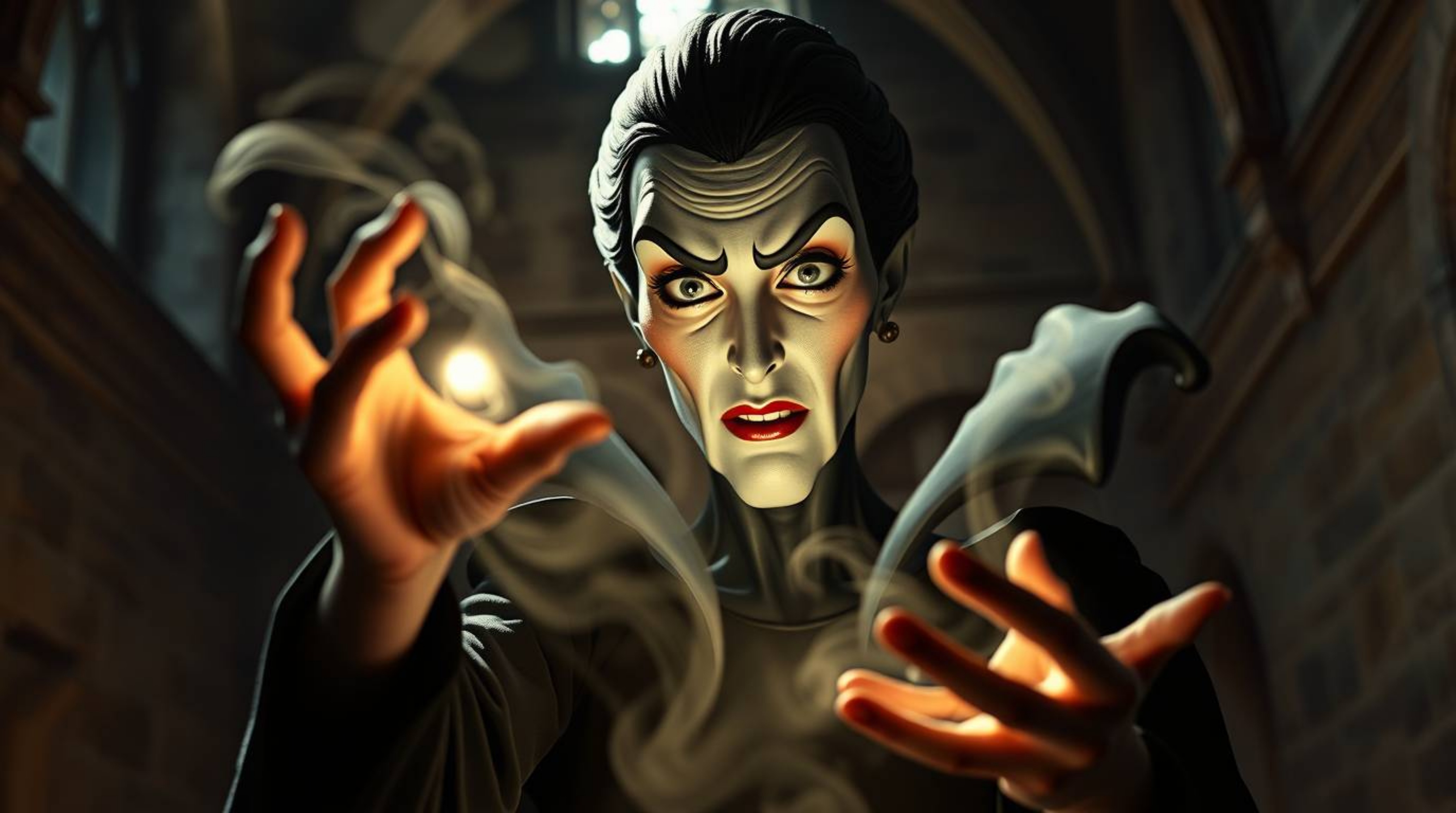 A captivating professional photograph of a classic Disney villain, reminiscent of classic animation, casting a spell within a