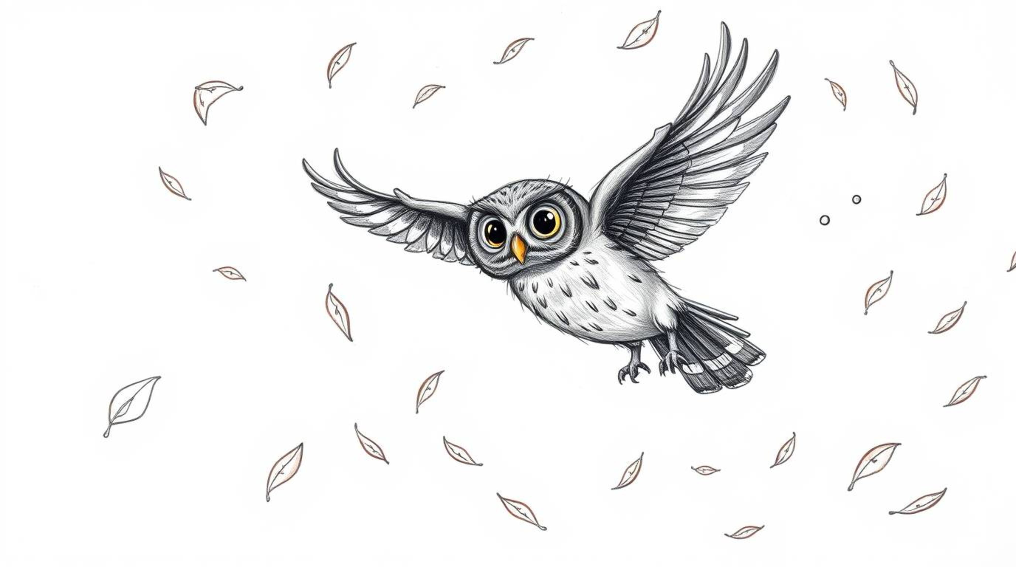 A heartwarming hand-drawn Pixar-style sketch depicts a blind owl mentoring a group of birds on how to fly. The scene is set a