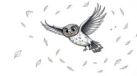 A heartwarming hand-drawn Pixar-style sketch depicts a blind owl mentoring a group of birds on how to fly. The scene is set a