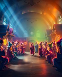 Explore a captivating magical school brought to life through creative light art, featuring young wizards and enchanting scene