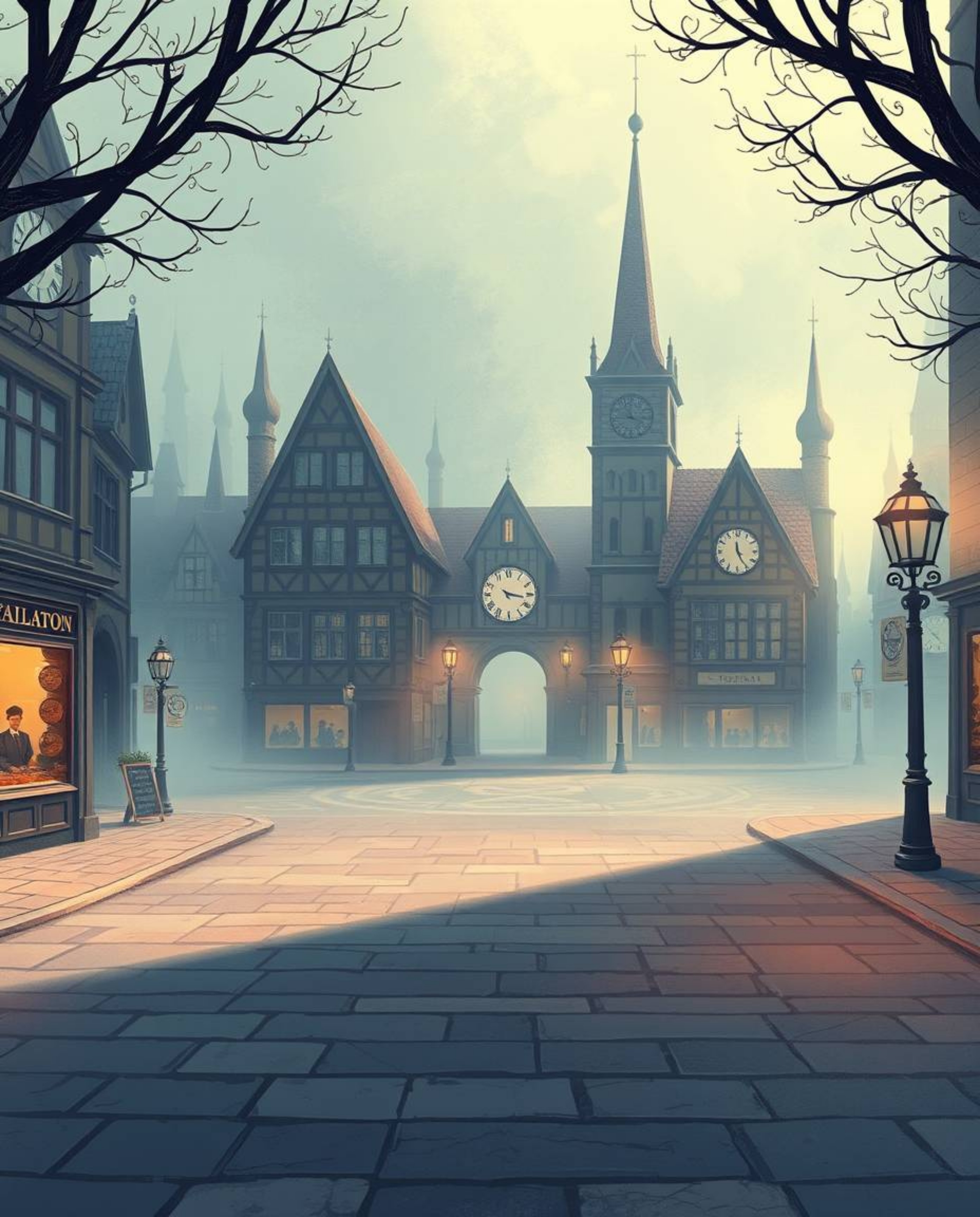 Discover a captivating image of an empty town square bathed in soft, hazy light.  Ticking clocks add a touch of mystique to t