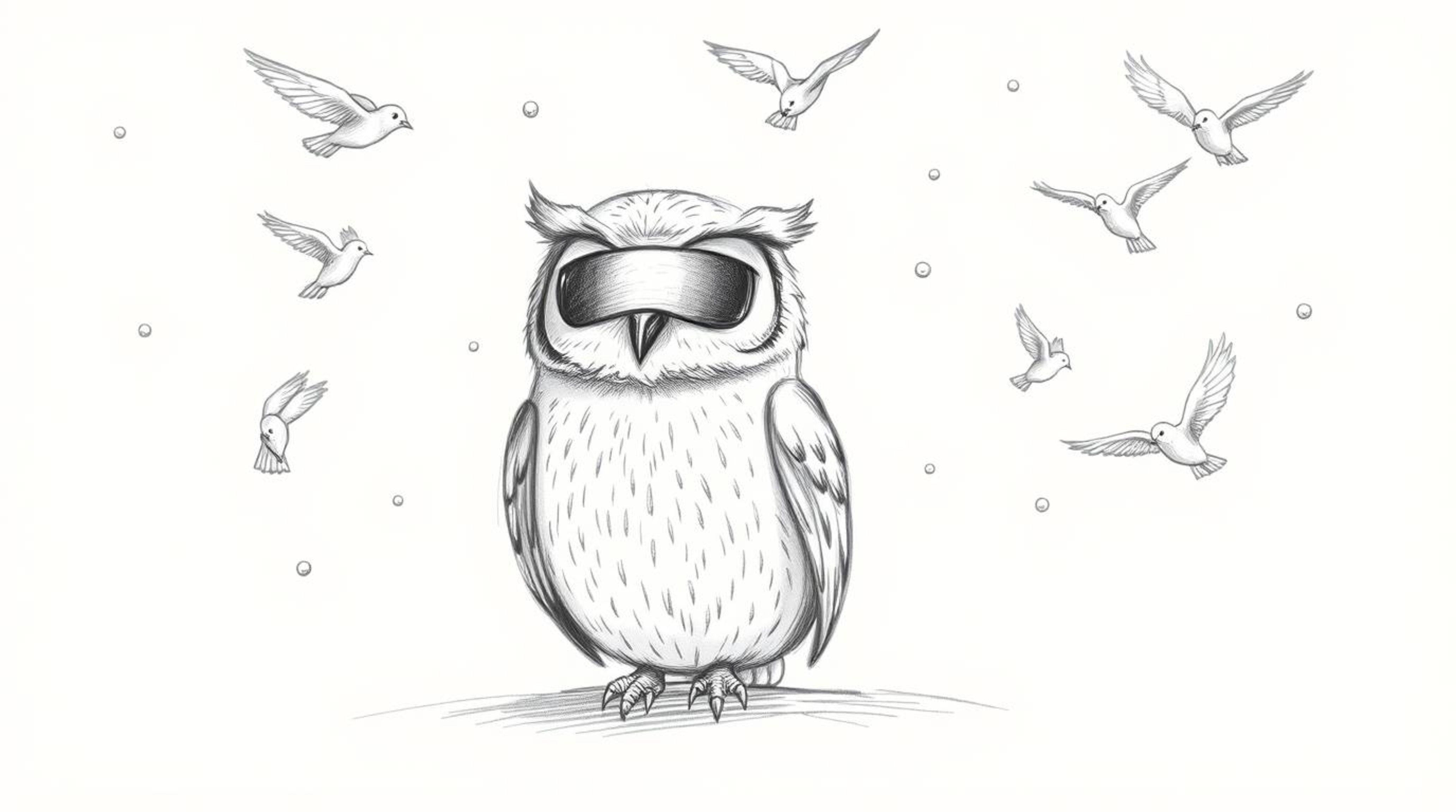 A captivating hand-drawn sketch in the style of Pixar depicts a serene blind owl, meticulously detailed with soft pencil stro