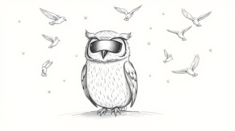 A captivating hand-drawn sketch in the style of Pixar depicts a serene blind owl, meticulously detailed with soft pencil stro