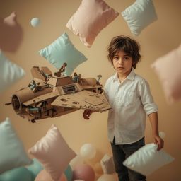 A captivating image showcasing a young boy with bright, curious eyes and messy brown hair who has built an incredibly detaile