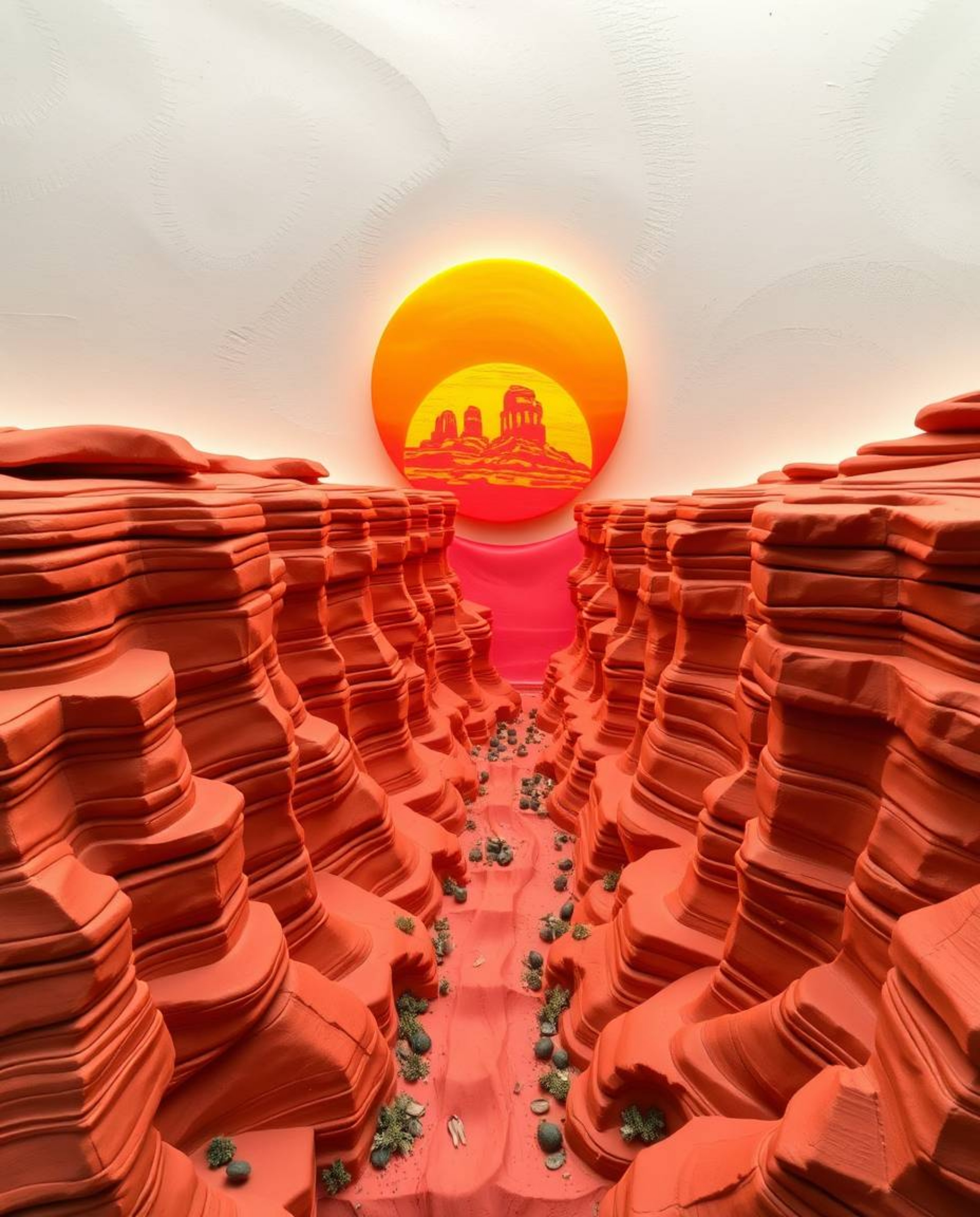 This sculptural clay art depicts a sunset illuminating sandstone cliffs in a canyon. The piece is defined by its modeled shap