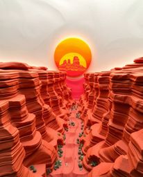 This sculptural clay art depicts a sunset illuminating sandstone cliffs in a canyon. The piece is defined by its modeled shap
