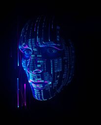 A captivating digital art piece depicts a human face morphing into a data stream, showcasing a mesmerizing digital glitch eff