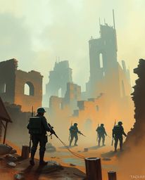 Explore a captivating digital sketch featuring soft cinematic haze, time-warped soldiers, and crumbling buildings in compleme