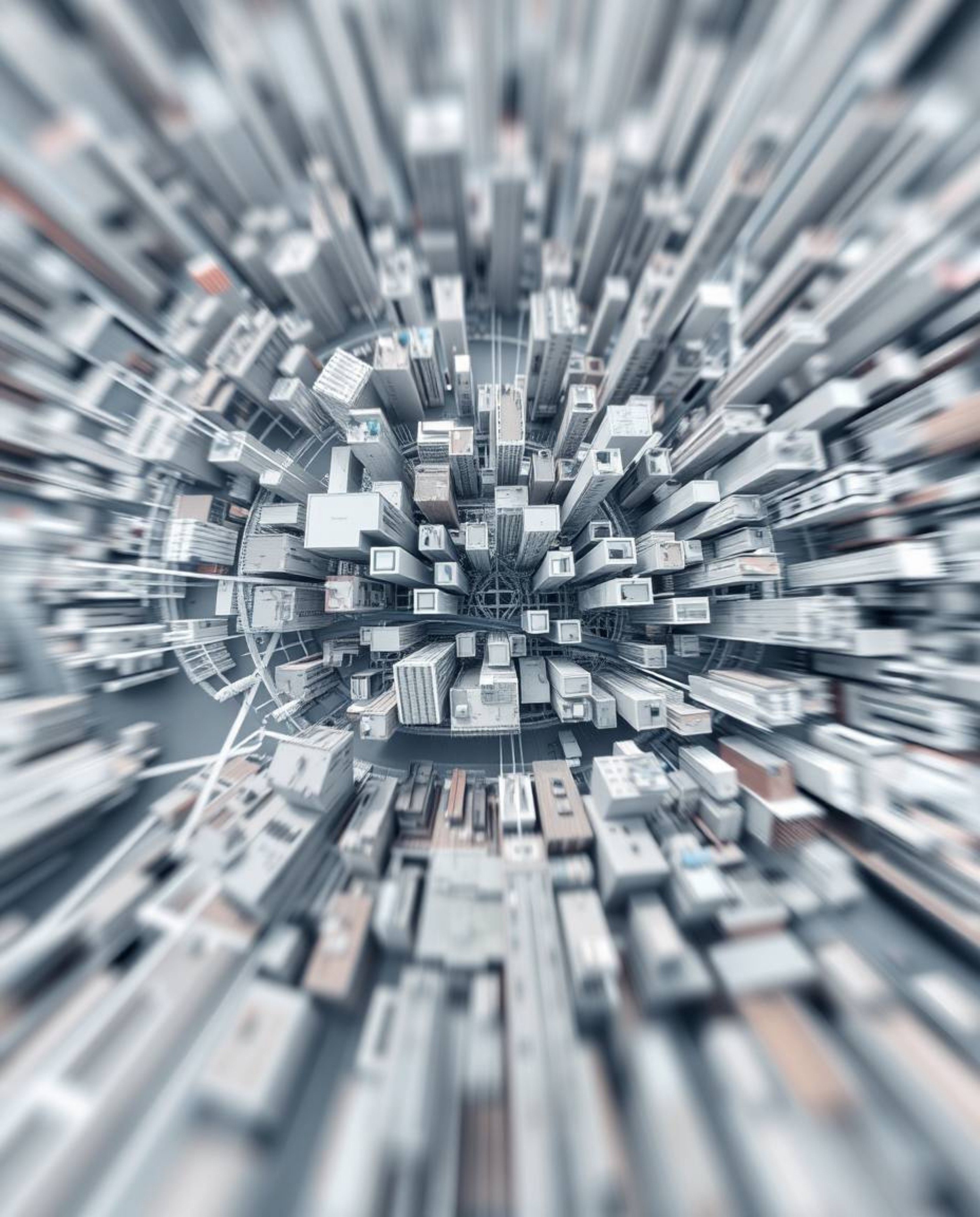 This abstract city map showcases a dynamic composition of geometric shapes, viewed from above.  Blurred lines and action pose