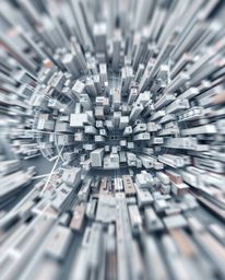 This abstract city map showcases a dynamic composition of geometric shapes, viewed from above.  Blurred lines and action pose