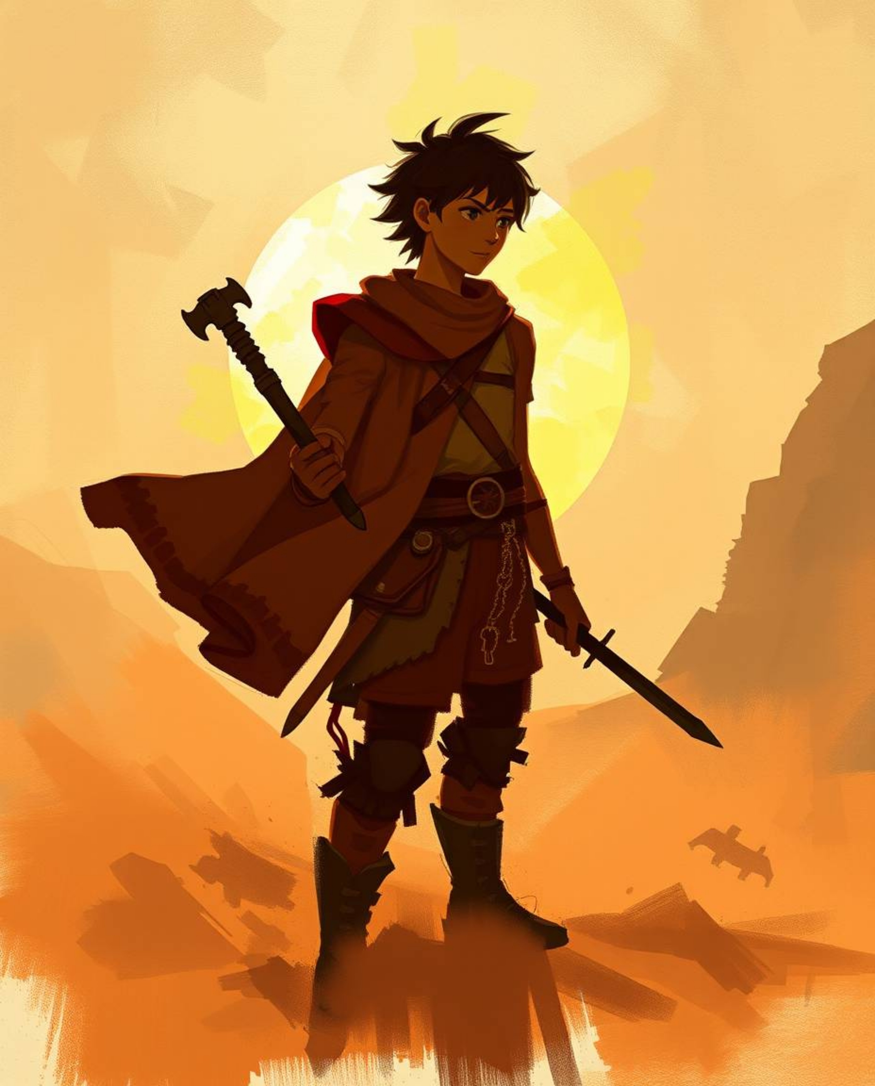 A brave hero embarks on a thrilling desert adventure in the style of Disney animation. This digital artwork features a dynami