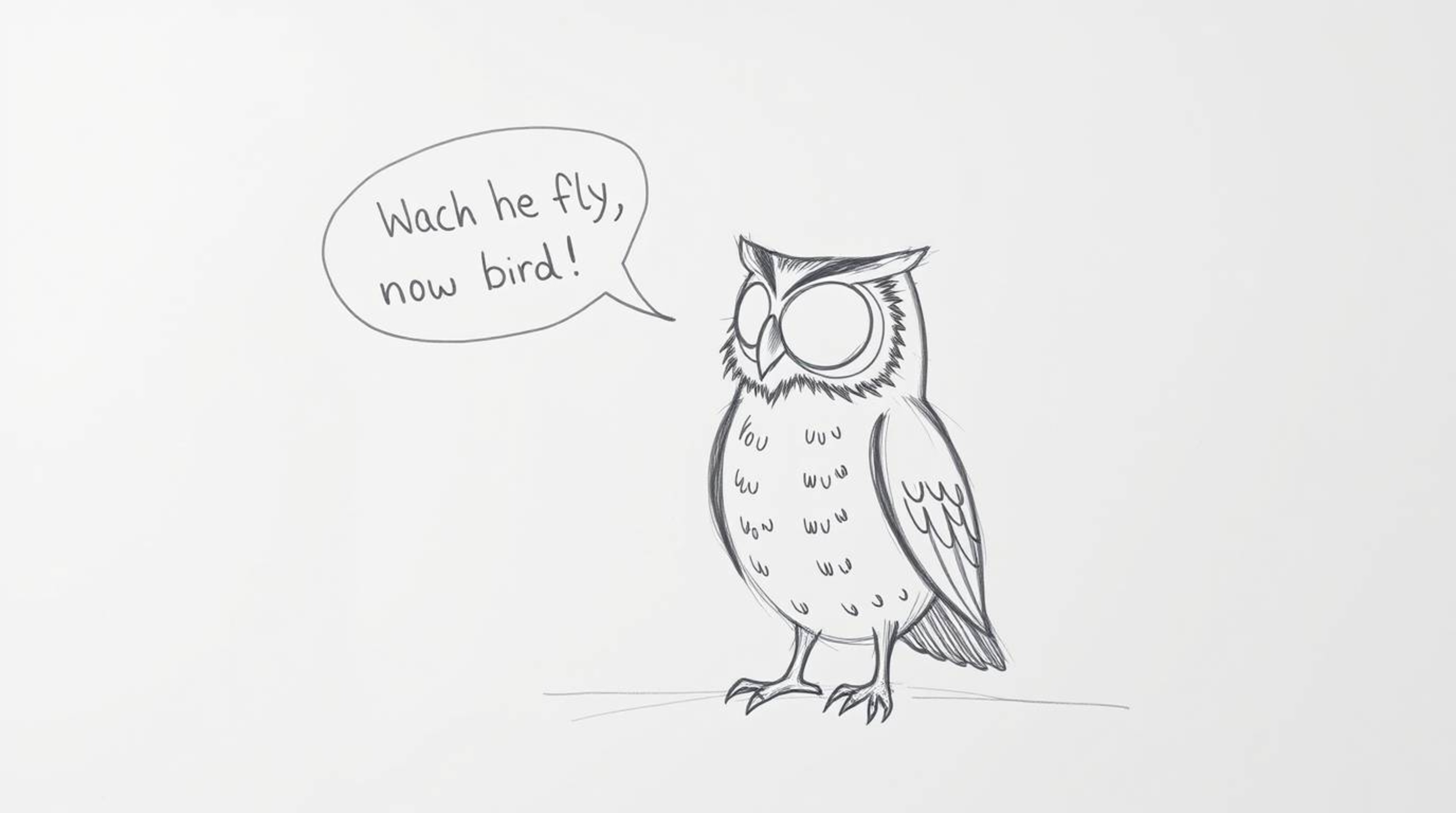 A whimsical, hand-drawn sketch in the style of Pixar depicts a blind owl with textured pencil strokes, lovingly teaching othe