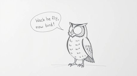 A whimsical, hand-drawn sketch in the style of Pixar depicts a blind owl with textured pencil strokes, lovingly teaching othe