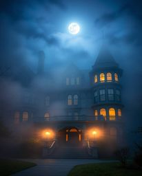 Explore the mystique of a fog-covered Victorian mansion bathed in moonlight, captured in precise architectural color photogra