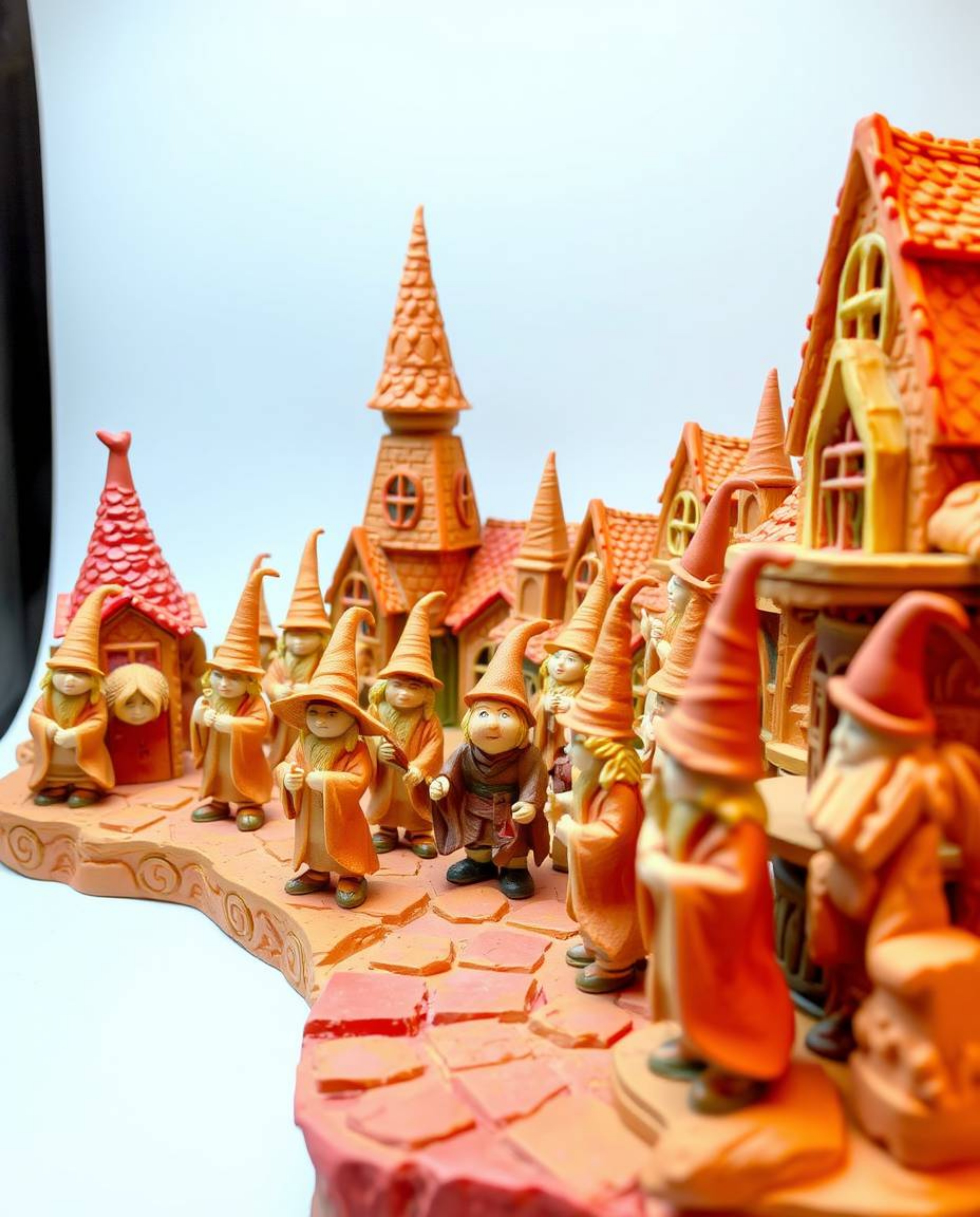 This sculptural clay art piece depicts a magical school brimming with young wizards. The warm color palette, dominated by red
