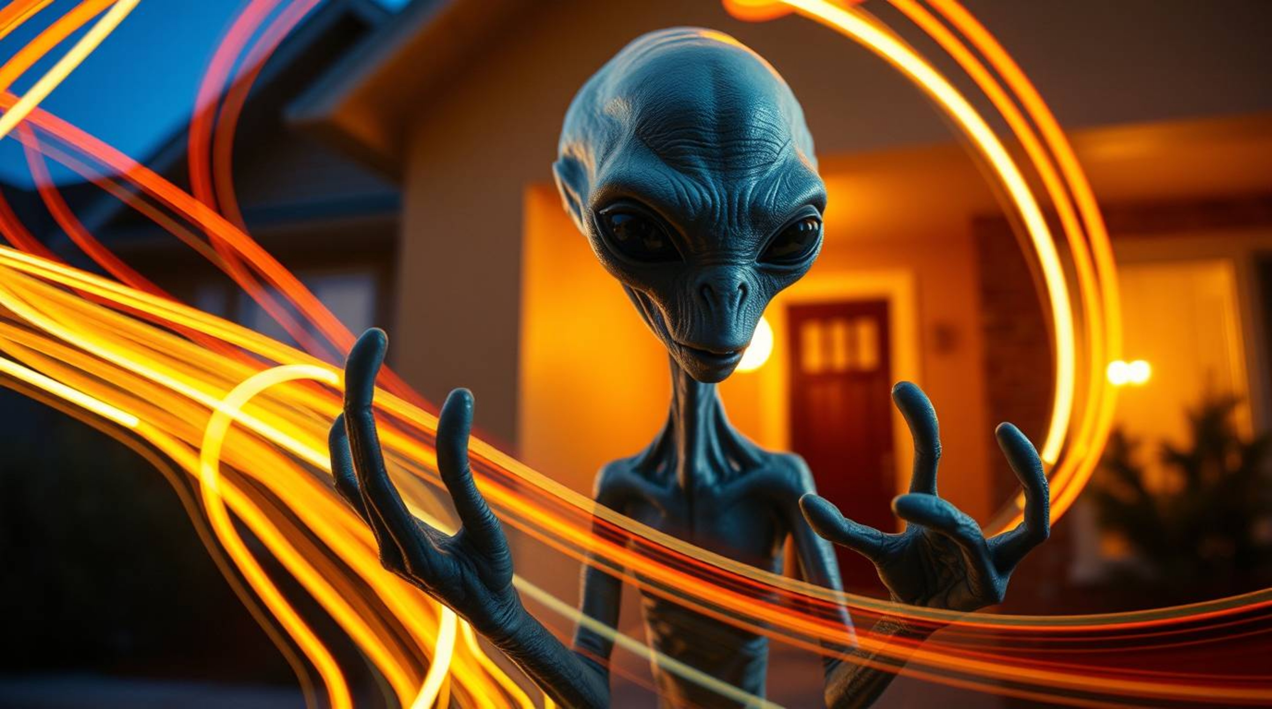 A captivating long-exposure photograph showcases a grey-skinned alien with three fingers inhabiting a typical suburban home. 