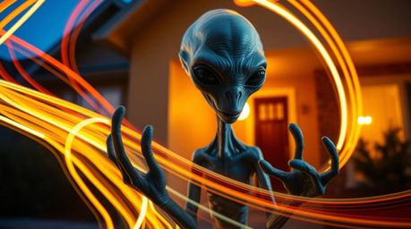 A captivating long-exposure photograph showcases a grey-skinned alien with three fingers inhabiting a typical suburban home. 