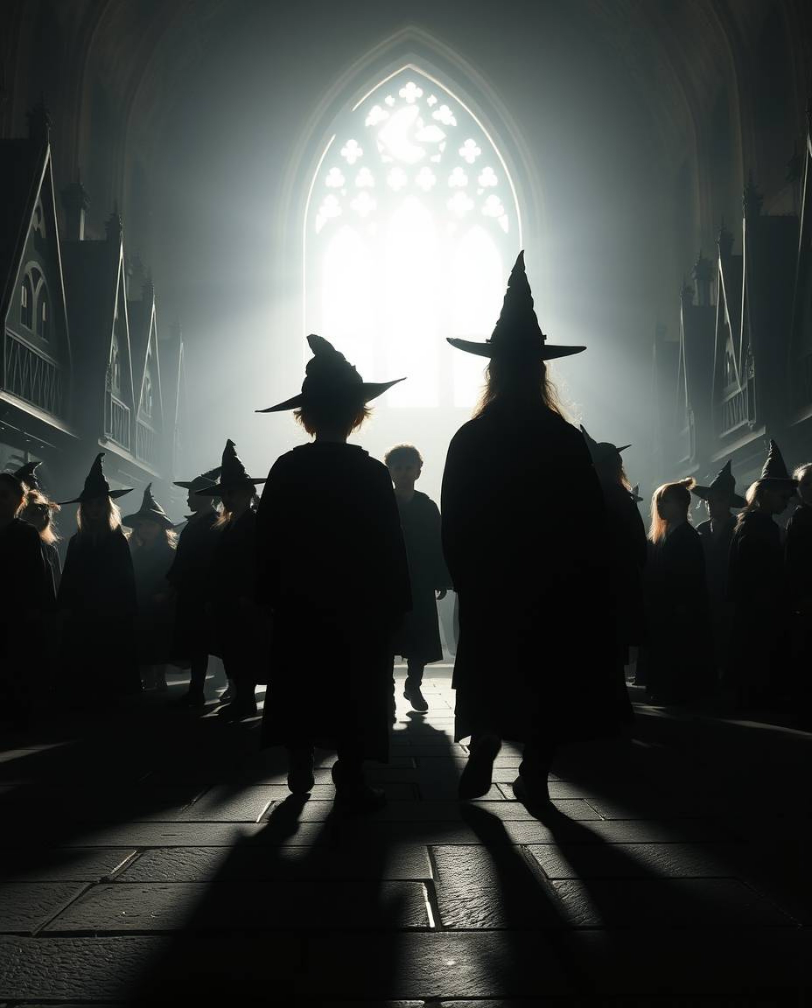 Discover a captivating image of a magical school brimming with young wizards.  The scene is dramatically lit, using backlight