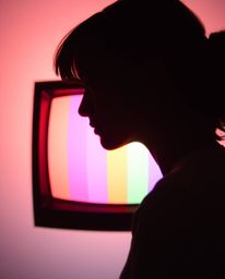 A captivating artwork featuring a silhouetted figure bathed in soft pastel colors, reminiscent of a retro-style TV screen gli
