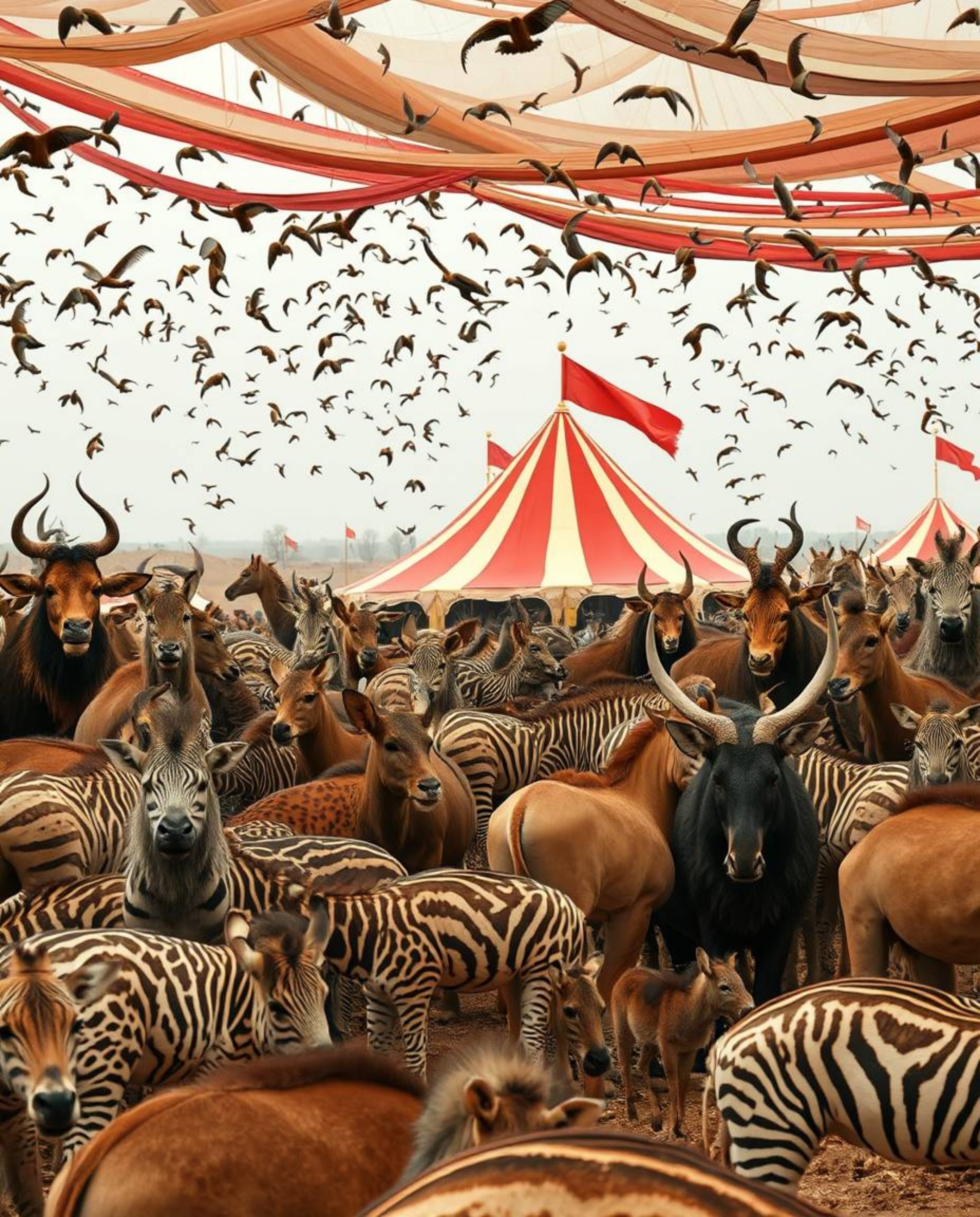 Imagine a carnival overrun by the untamed wilderness, rendered in soothing natural earth tones. Browns, beiges, and other mut