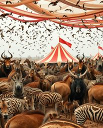 Imagine a carnival overrun by the untamed wilderness, rendered in soothing natural earth tones. Browns, beiges, and other mut