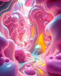 Immerse yourself in a vibrant and energetic dreamscape with hyperrealistic 3D fluid shapes resembling melted glass, set withi