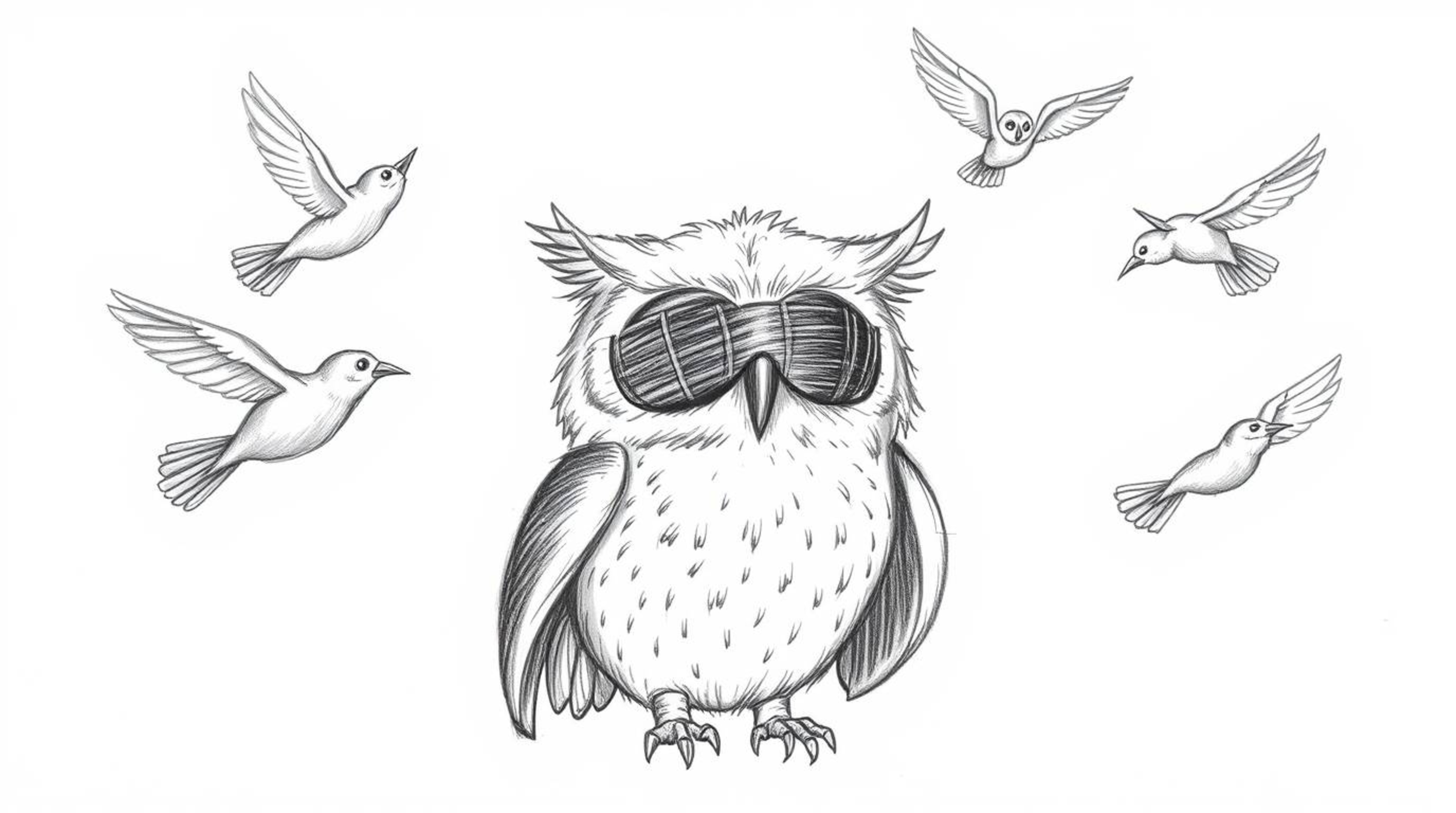 A whimsical hand-drawn pencil sketch depicts a blind owl, rendered in a Pixar-esque style, gracefully instructing a flock of 