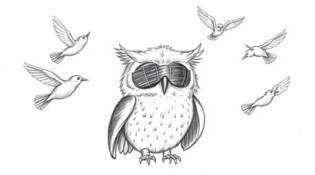 A whimsical hand-drawn pencil sketch depicts a blind owl, rendered in a Pixar-esque style, gracefully instructing a flock of 