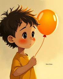 A heartwarming illustration showcases a child with light brown skin and playful hair, joyfully holding a vibrant orange ballo